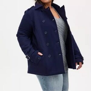 TORRID Size 1X Navy Fleece Peacoat Jacket Double Breasted Coat Mid-weight